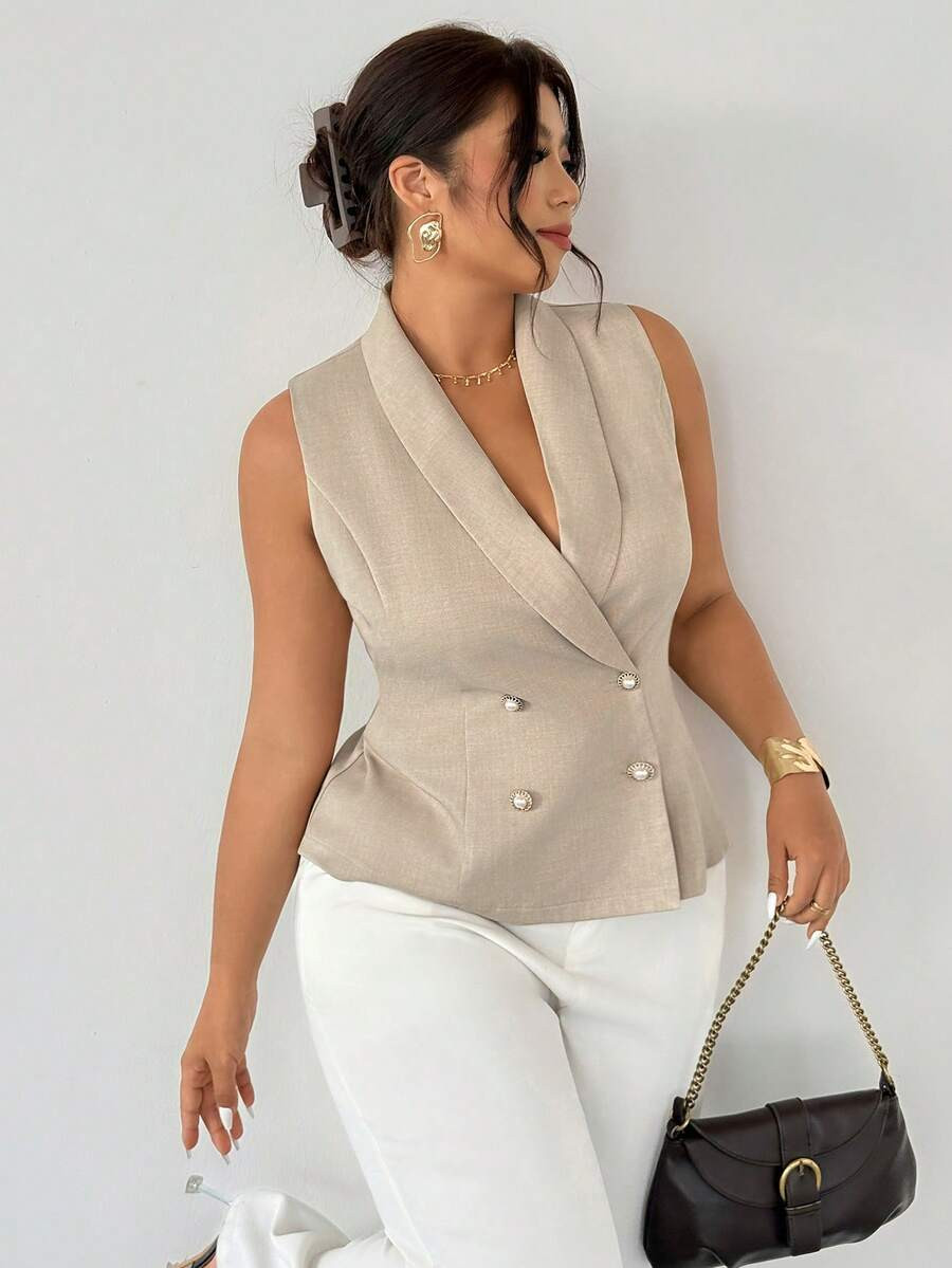 Plus Size Summer Casual/Office Solid Color Double-Breasted Vest | SHEIN