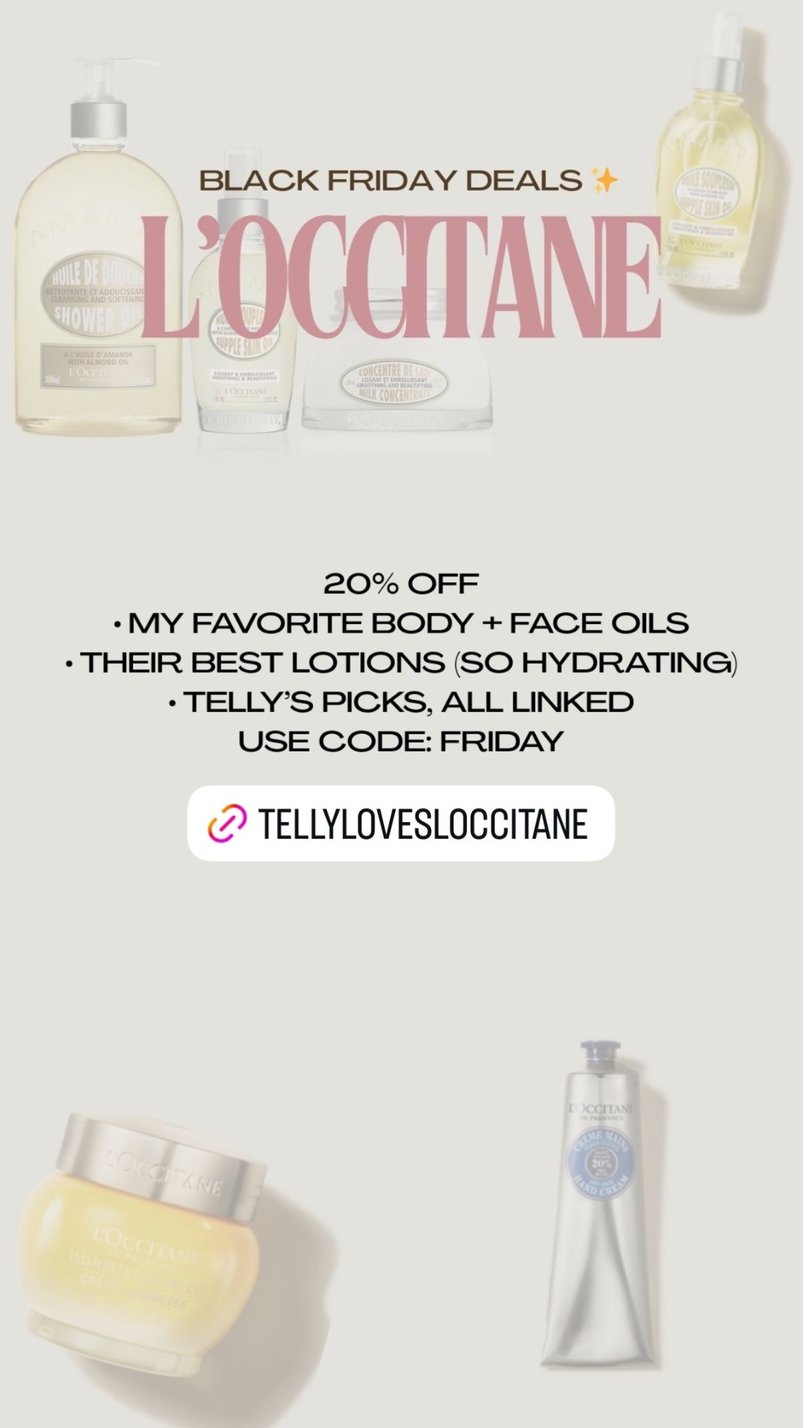 L’Occitane is 20% off with code FRIDAY. Sharing my go-to oils + lotions  ✨ the things I always repurchase. 🤍


#LTKselfcare #LTKFindsUnder100 #LTKCyberWeek