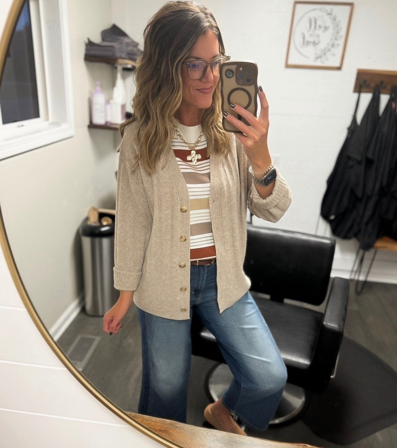 Fall workwear. 
Striped sweater/ small
Cardigan / sized down to XS (runs big)
Jeans/ 6

#LTKWorkwear #LTKSeasonal #LTKStyleTip