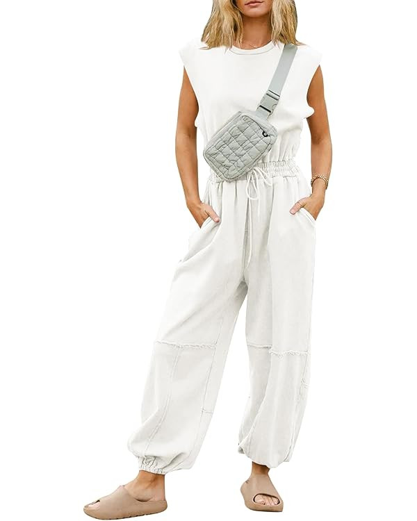 Flygo Womens Casual Jumpsuit Crewneck Cap Sleeve Long Wide Leg Pants One Piece Outfits Drawstring... | Amazon (US)