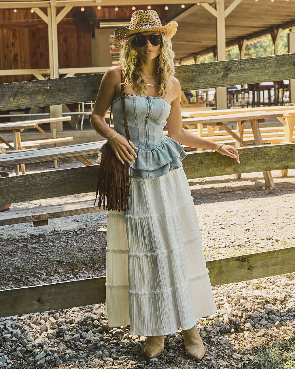Rodeo Rhythm Tiered Strapless Denim Top | VICI
