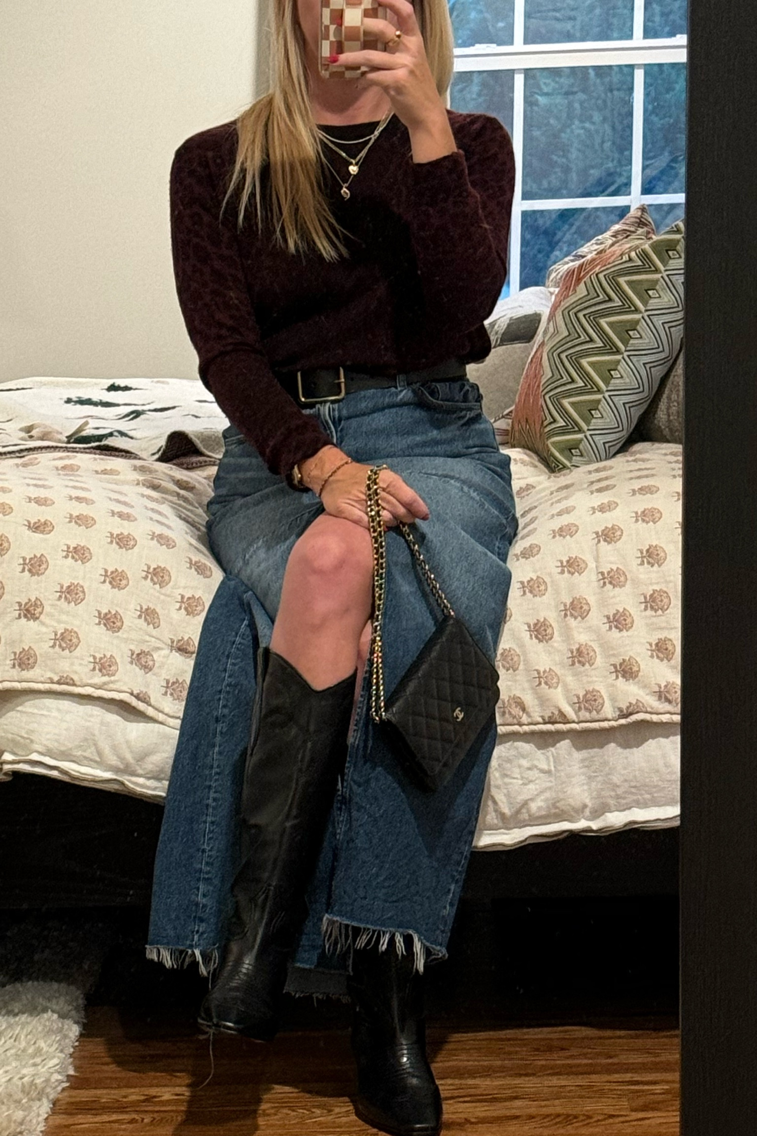 Denim maxi skirts forever. this one’s on sale now!! also the wallet on chain is a splurge, so i linked exact (resale) and similar bags! 

#LTKstyletip #LTKitbag #LTKover40