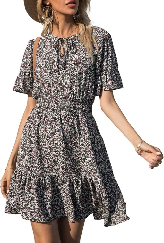 PRETTYGARDEN Women's Summer Boho Short Dresses Floral Print Tie Neck Short Sleeve Elastic High Waist | Amazon (US)