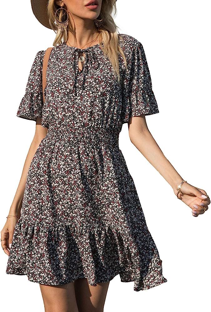 PRETTYGARDEN Women's Summer Boho Short Dresses Floral Print Tie Neck Short Sleeve Elastic High Wa... | Amazon (US)