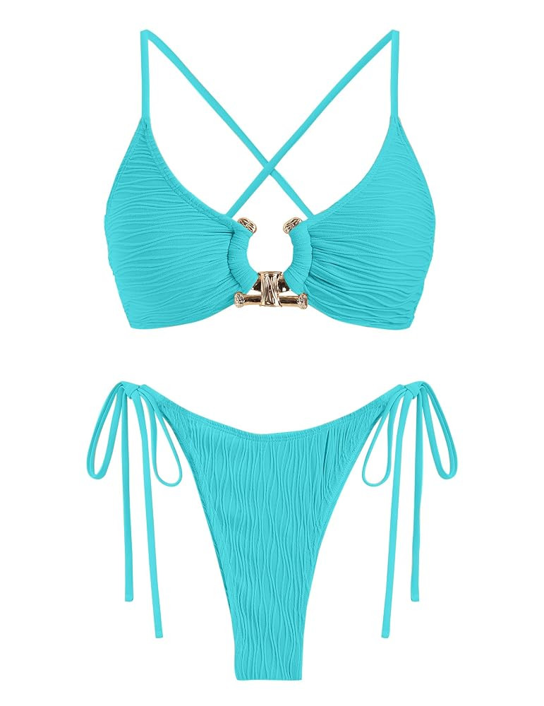 ZAFUL Women's Bikini Sets Ribbed Metal O Ring Criss Cross Two Piece Swimsuit Cheeky High Cut Side... | Amazon (US)