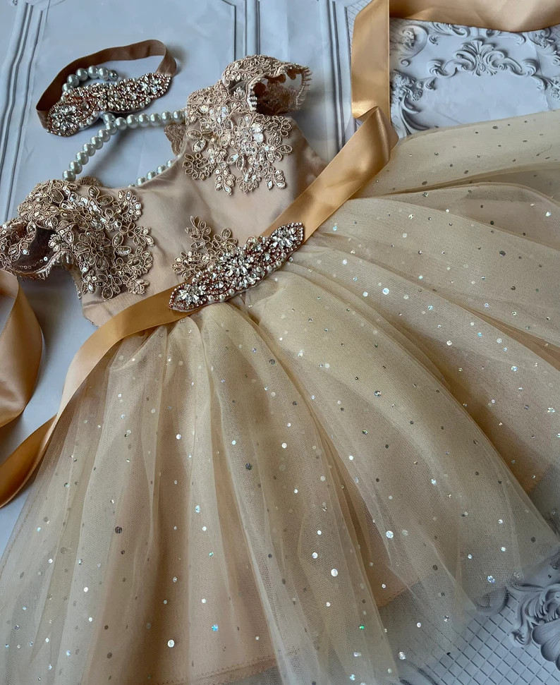 Sequin Lace Champagne Tulle Dress: Flower Girl, Birthday Party | Etsy (Global)