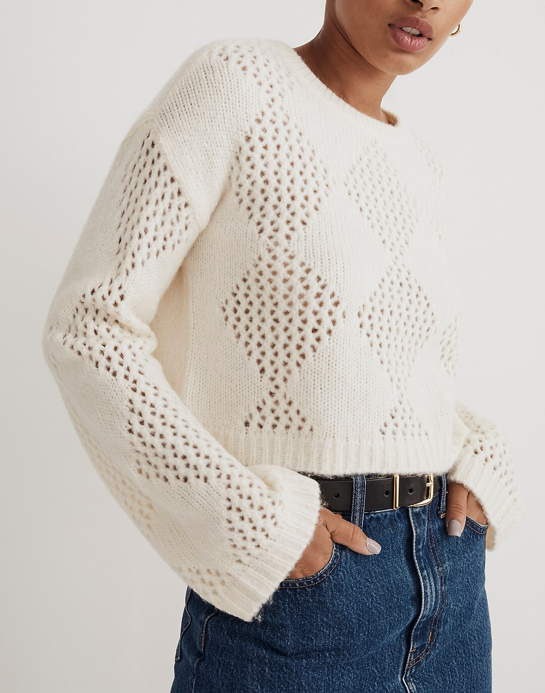 Diamond-Stitch Crewneck Crop Sweater | Madewell