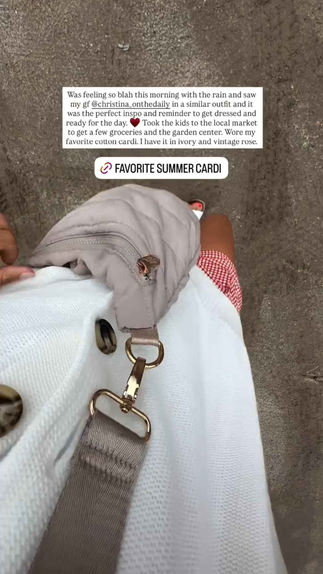 Was feeling so blah this morning with the rain and saw my gf @christina_onthedaily in a similar outfit and it was the perfect inspo and reminder to get dressed and ready for the day. ♥️ Took the kids to the local market to get a few groceries and the garden center. Wore my favorite cotton cardi. I have it in ivory and vintage rose.