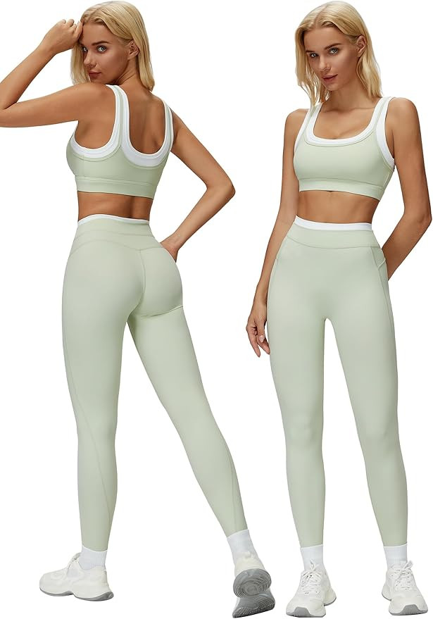 ABOCIW Two Piece Workout Sets for Women Layer Sports Bra Tummy Control High Wait Leggings Gym Yog... | Amazon (US)