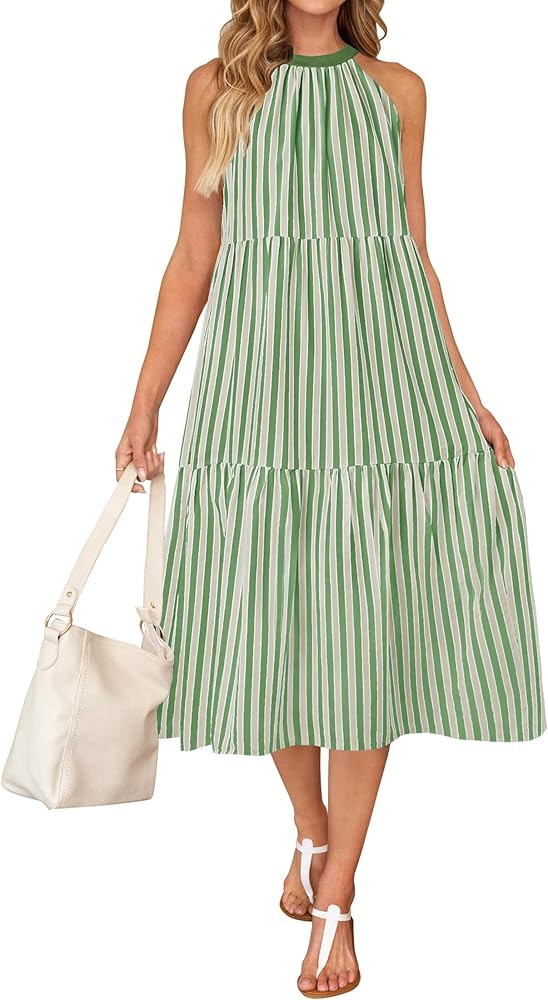 ZESICA Women's Summer Striped Midi Dress 2024 Casual Sleeveless Halter Neck Tiered Flowy Holiday ... | Amazon (US)