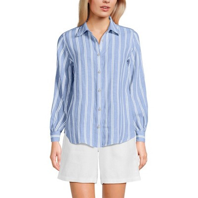 Lands' End Women's Petite Linen Long Sleeve Feminine Shirt - Small - Clear Blue Sky Double Stripe | Target