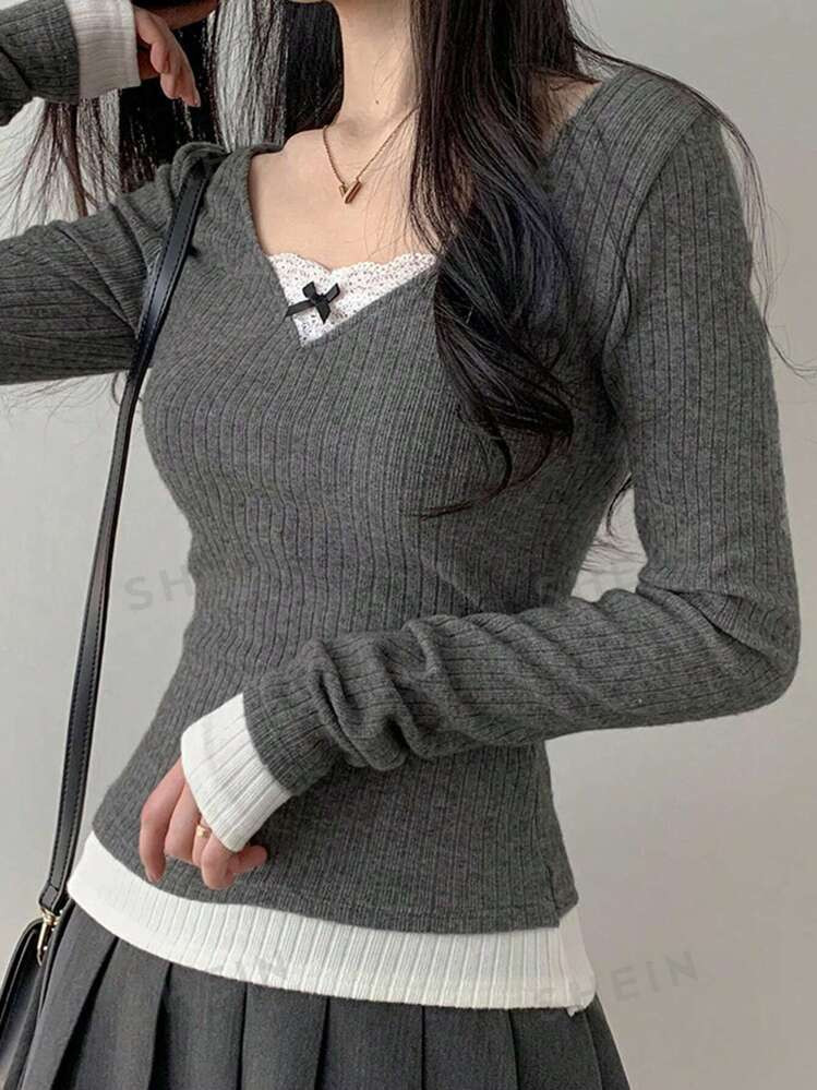 DAZY Women's V-Neck Lace Bow Splice Colorblock Long Sleeve Gentle Style Girlfriend Tee | SHEIN | SHEIN