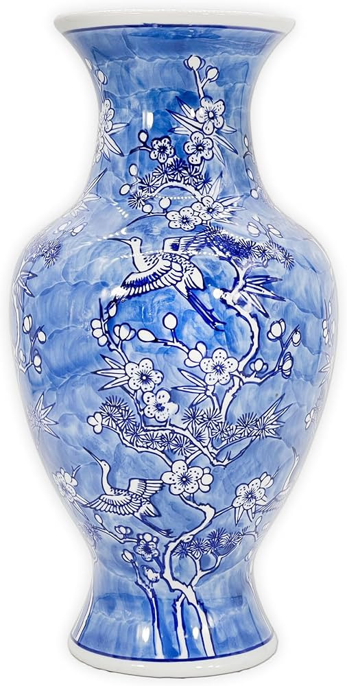 Galt International White & Blue Floral Crane Chinoiserie Ceramic Vase 14" - Hand Painted Antique ... | Amazon (US)