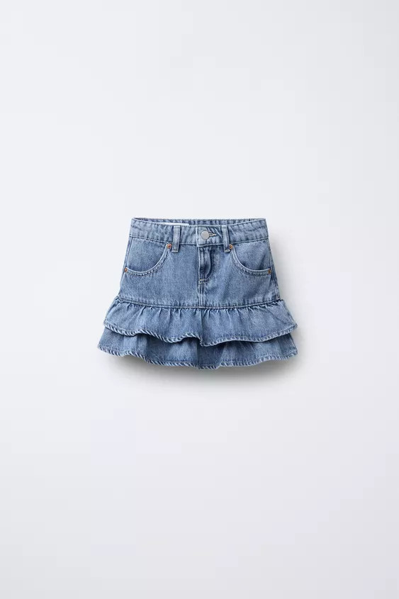 Denim skirt with adjustable interior waistband and front button closure. Front pockets and ruffle... | Zara US