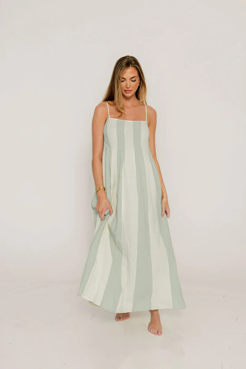 Tristan 100% Cotton Spaghetti Strap Maxi Dress in Cream Mint | Worth Collective