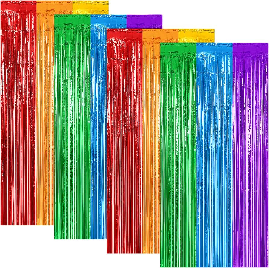 4 Pack Rainbow Foil Fringe Curtain, Back to School Pride Birthday Decor | Amazon (US)