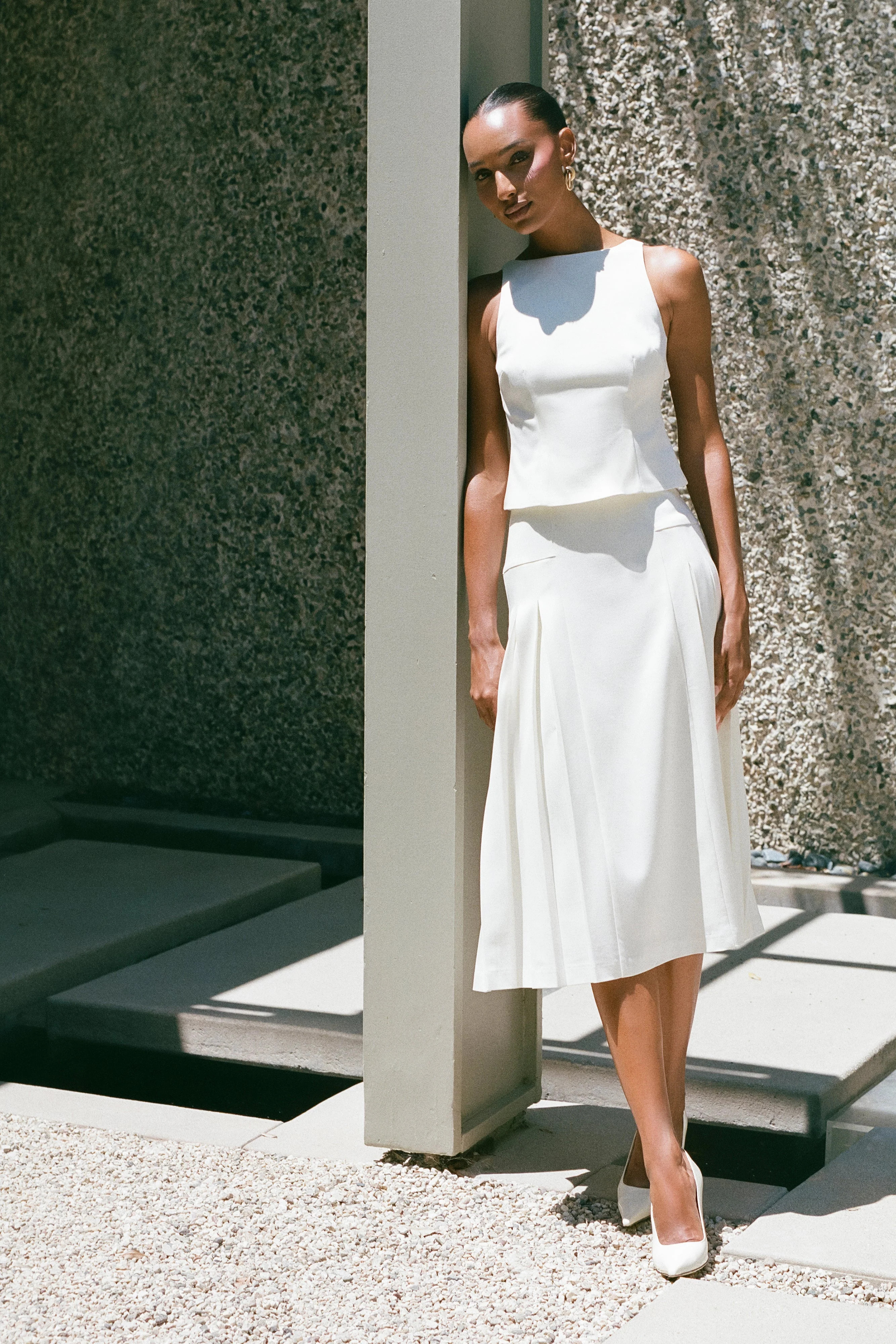 Brigette Pleated Midi Skirt - Ivory | MESHKI US