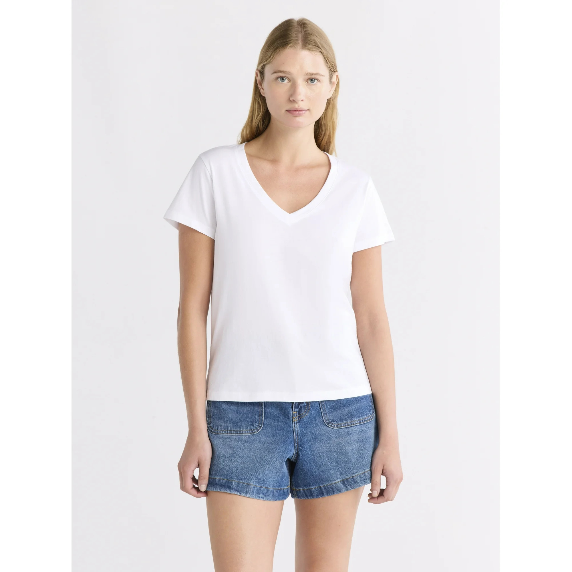 Free Assembly Women's Cotton V-Neck Tee with Short Sleeves, Sizes XS-XXL | Walmart (US)