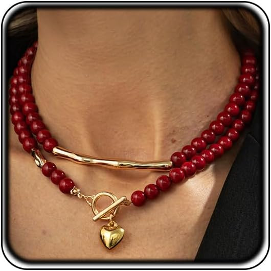 Chunky Red Beaded Choker Necklaces for Women Thick Charm Bead Heart Statement Necklace Large Boho... | Amazon (US)