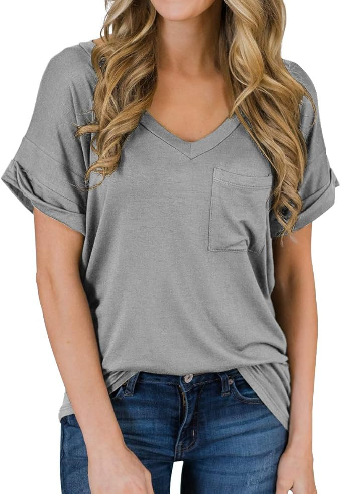 PrinStory Women's Casual Tops Short Sleeve V-Neck Shirts Loose Blouse Basic Tee T-Shirt | Amazon (US)
