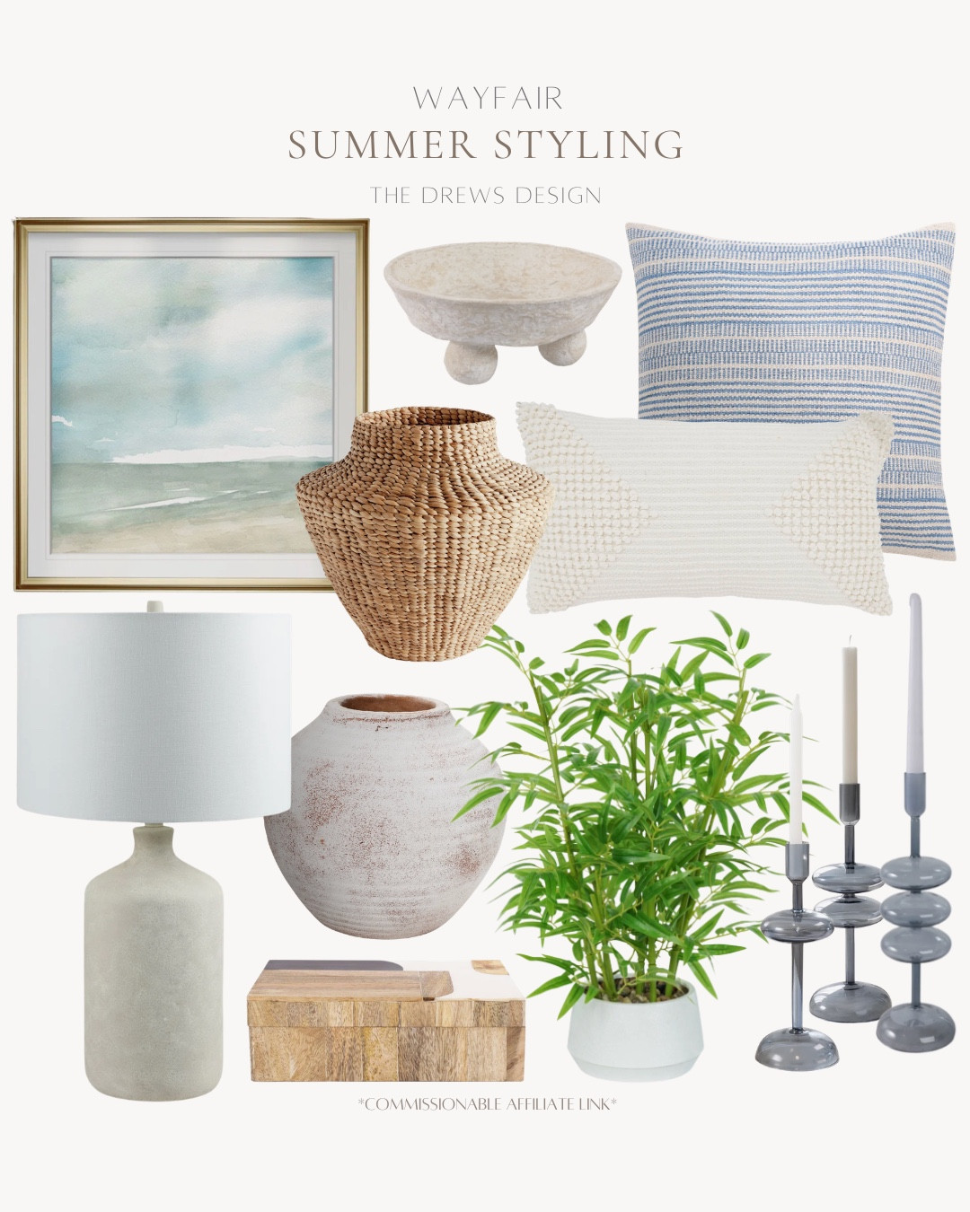 Summer styling from Wayfair includes faux plant, candle stick holders, vase, decorative box, table lamp, decorative pillows, rattan vase, decorative bowl, and wall art.

Home decor, home accents, looks for less, summer home accents 

#LTKHome #LTKvlog #LTKSeasonal