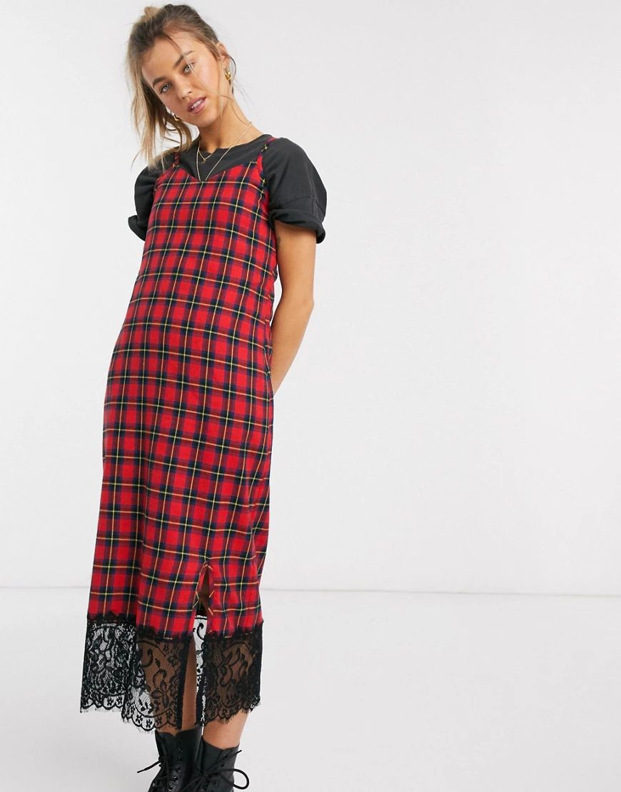 Daisy Street midi slip dress with lace trim in plaid-Red | ASOS (Global)