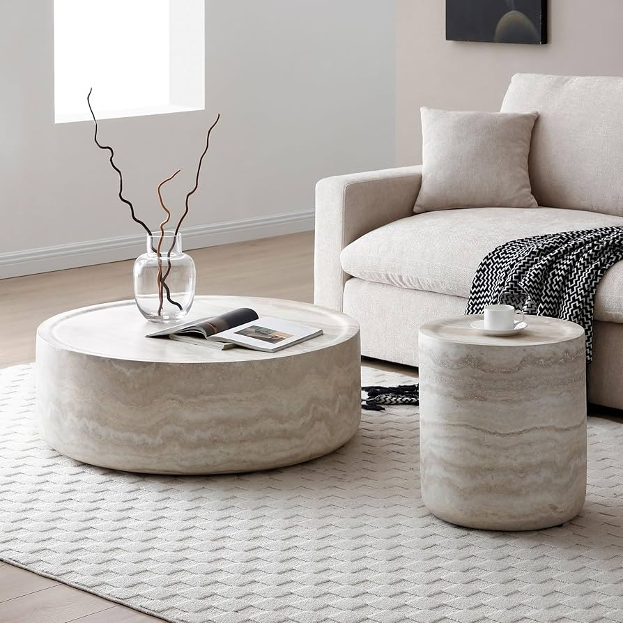 kevinplus Round Faux Stone Coffee Table Side End Table Set of 2 for Living Room, Modern Contempor... | Amazon (US)
