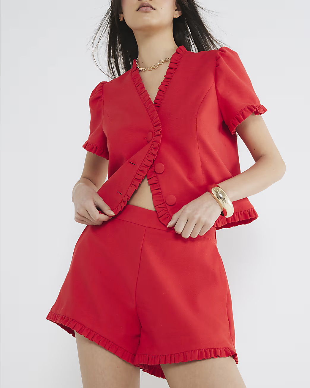 Red Linen Blend Frill Tailored Shorts | River Island UK & IE