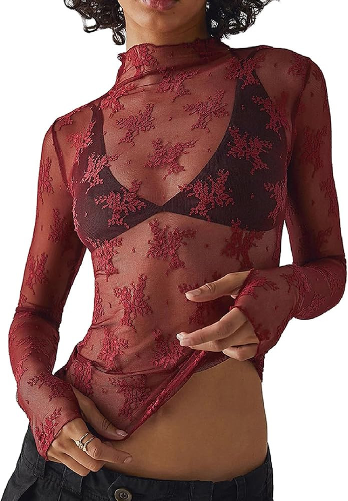 KMBANGI Women's Mesh Lace Long Sleeve Top Mock Neck Sheer Blouse Floral Lace Layering Tops Y2k Se... | Amazon (US)
