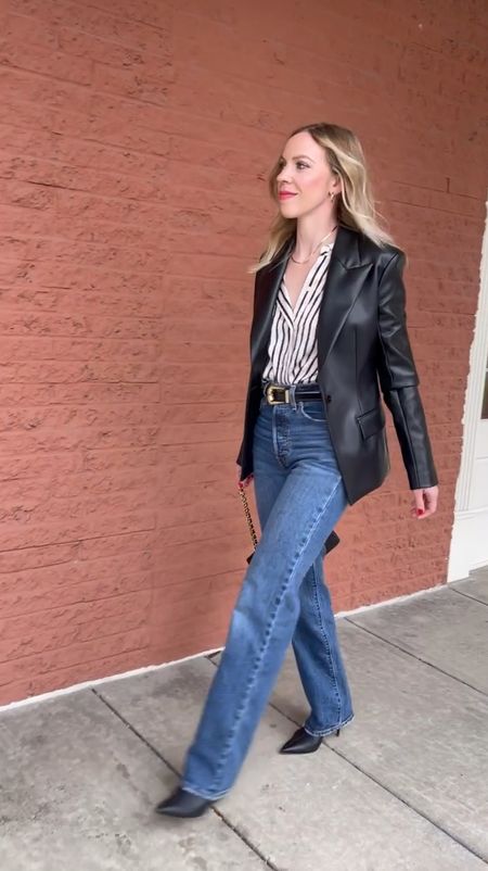 Date night outfit, faux leather blazer, Levi’s high rise straight leg jeans, western belt

#LTKover40 #LTKstyletip #LTKVideo