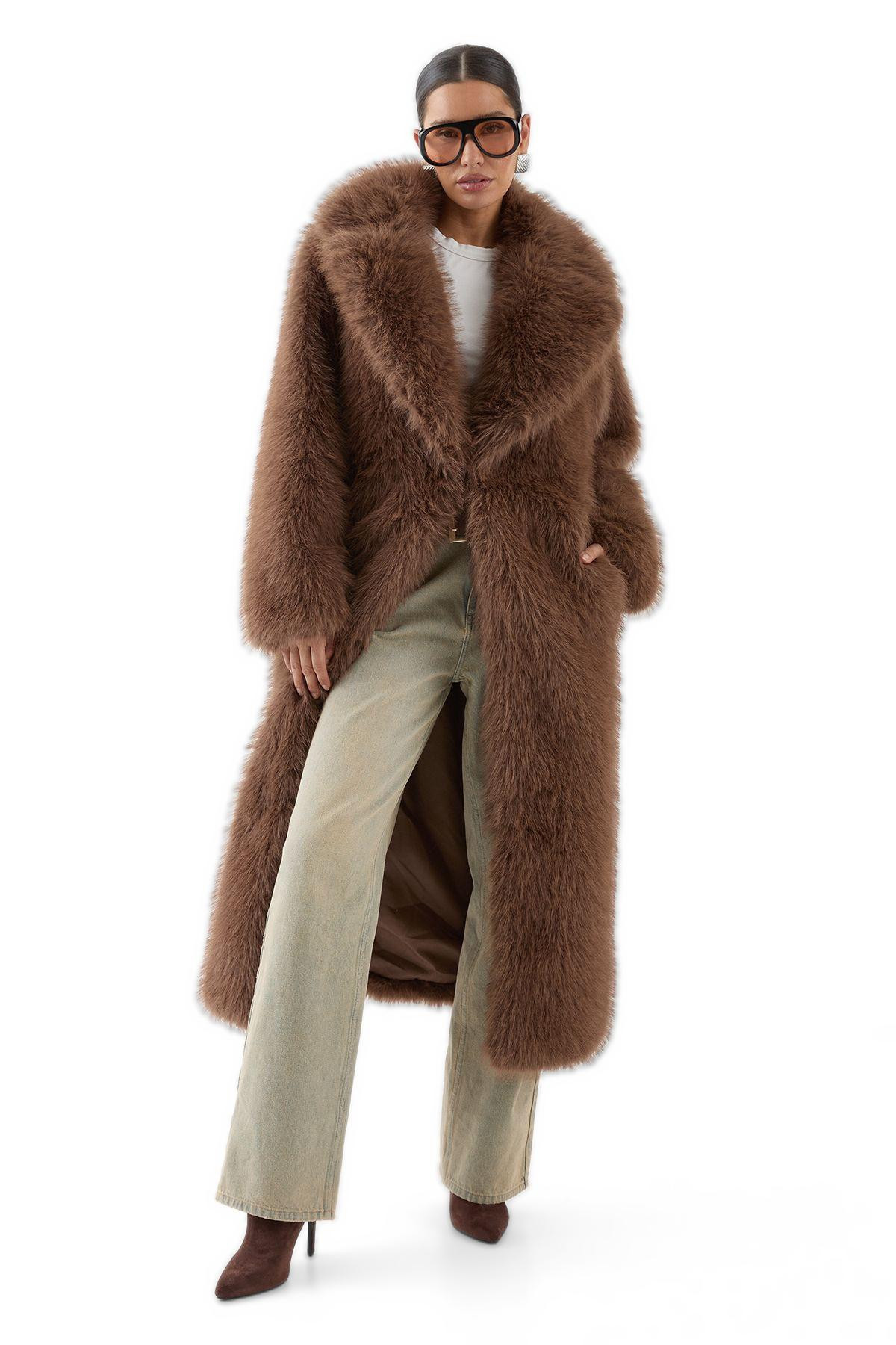 MissPap Women's Long Faux Fur Wide Collar Coat - Brown | Macy's