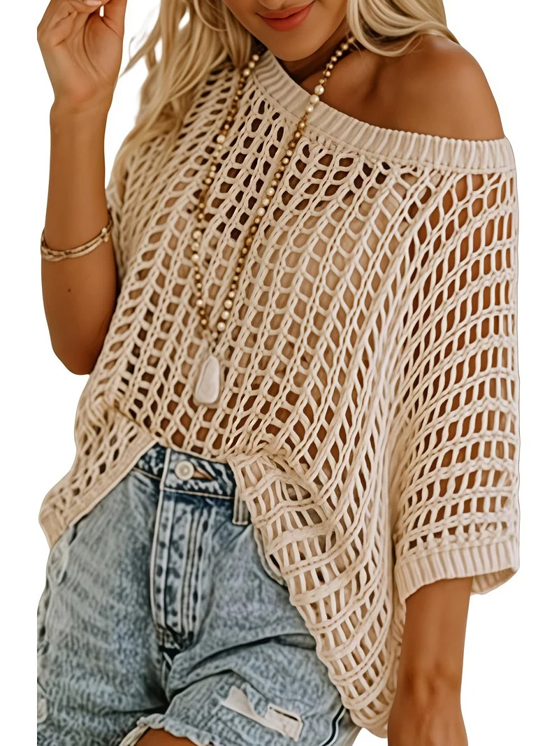 Shine Up Crochet Beach Coverups Women Swimsuits Summer Short Sleeve Blouses Knit Hollow Out Tops | Walmart (US)