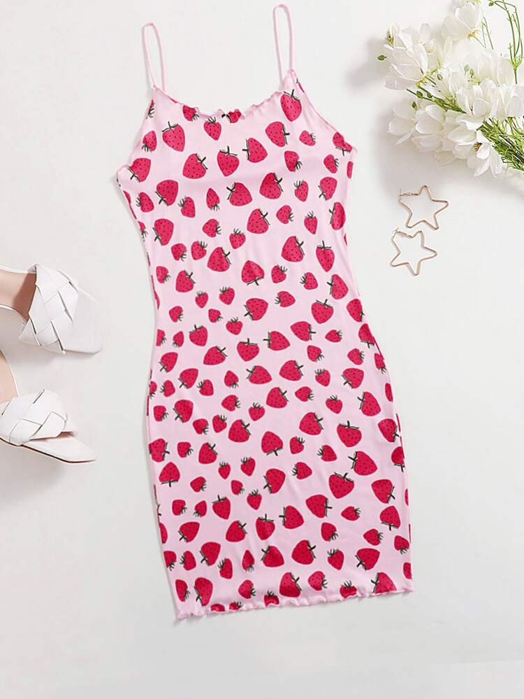 SHEIN EZwear Strawberry Print Lettuce Trim Cami Dress | SHEIN
