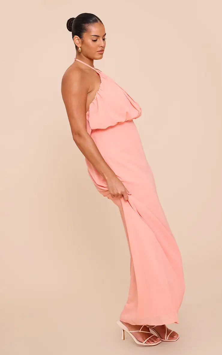 Peach Chiffon Halter Neck Maxi Dress | PrettyLittleThing USA | PrettyLittleThing US