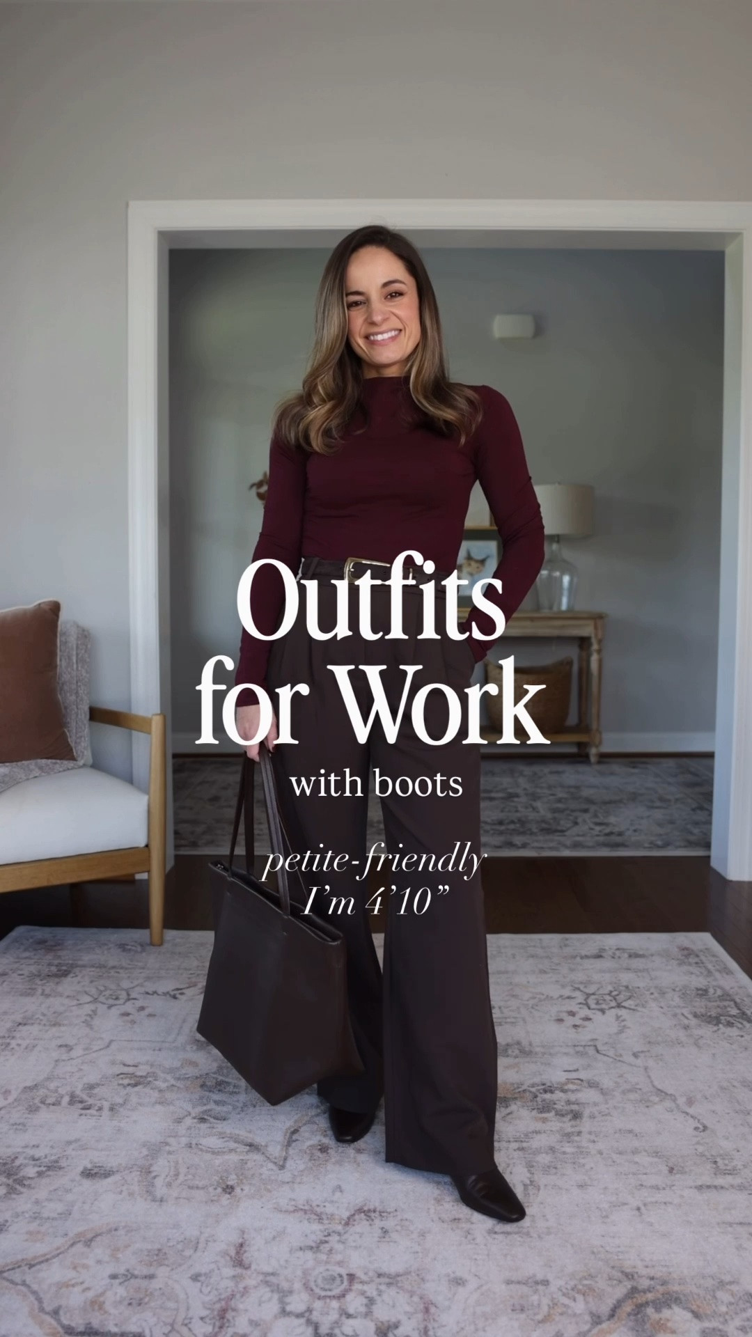 Outfits for work with boots! 

Taupe pants (LOFT): petite 00 / 11.5” rise / 27.5” inseam 
Brown top (Quince): xs 
Brown Pants (Abercrombie): 24 short / 11.5” rise / 28.25” inseam 
Burgundy top (Gap): xxs - recommend sizing up 
Green sweater (Abercrombie): xxs 
Plaid pants (BR Factory): petite 00 / 10.5” rise / 28” inseam 
Black turtleneck (Aritzia): xxs 
Burgundy Pants (BR Factory): petite xxs / 10” rise / 28.5” inseam
Brown cardigan (Abercrombie): xxs 

Brown boots shown are the dusty boots from Steve Madden, I recommend sizing up 1/2 for thick socks otherwise true to size 

The black boots shown are from last year (J.Crew) I am linking a similar option 

For size comparison, I’m 4’10” 105lbs. My measurements are 32”, 24”, 36”. I typically wear petite xxs/00/24 and have a 25” ankle inseam and a 27.5-28” full length inseam.

#LTKPetite #LTKWorkwear