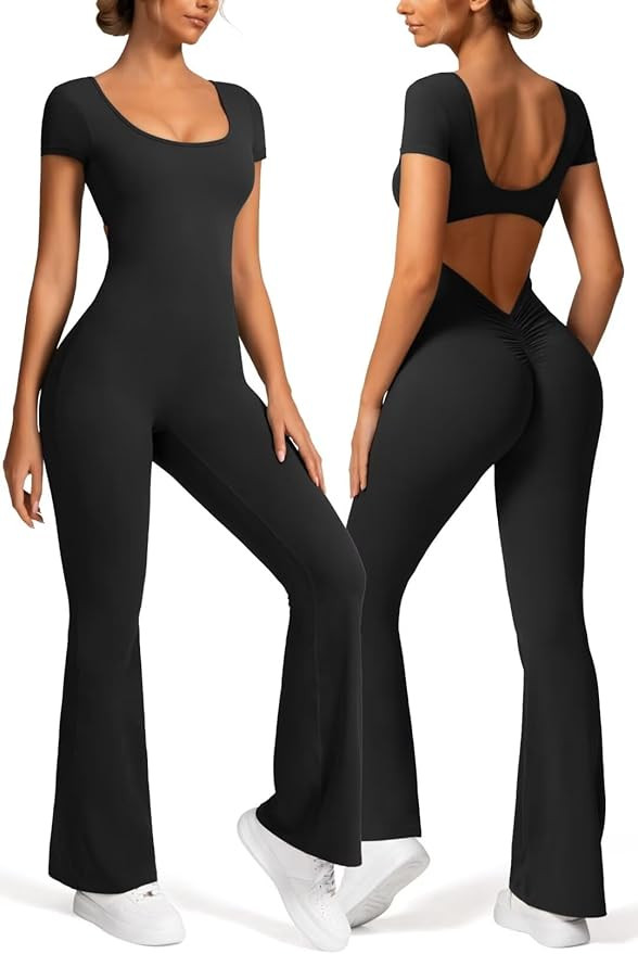 Vertvie Short Sleeve Flare Jumpsuits for Women Sexy Backless One Piece Workout Bodysuit V Back Sc... | Amazon (US)