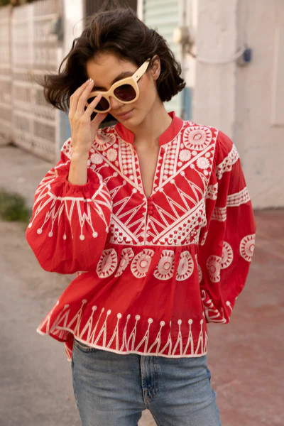 Mandarin Balloon Sleeve Top- Soleil Red | Oliphant Design