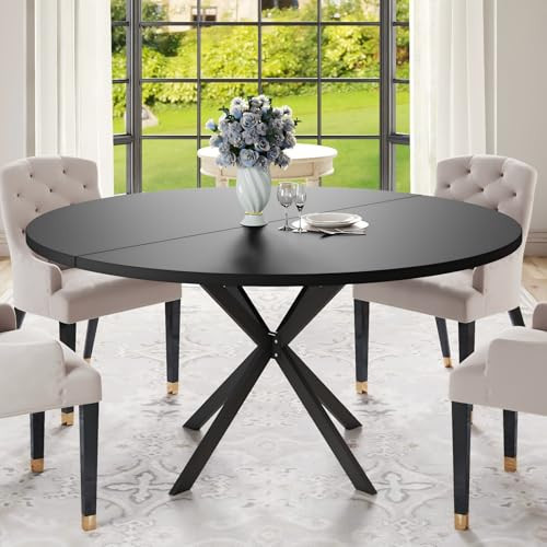 RLRO 47.24" Round Dining Table for 4-6 Person, Round Kitchen Table with Wood Top, Circle Dinner Pedestal Tables with Metal Legs for Dining Room Kitchen (Black) | Amazon (US)