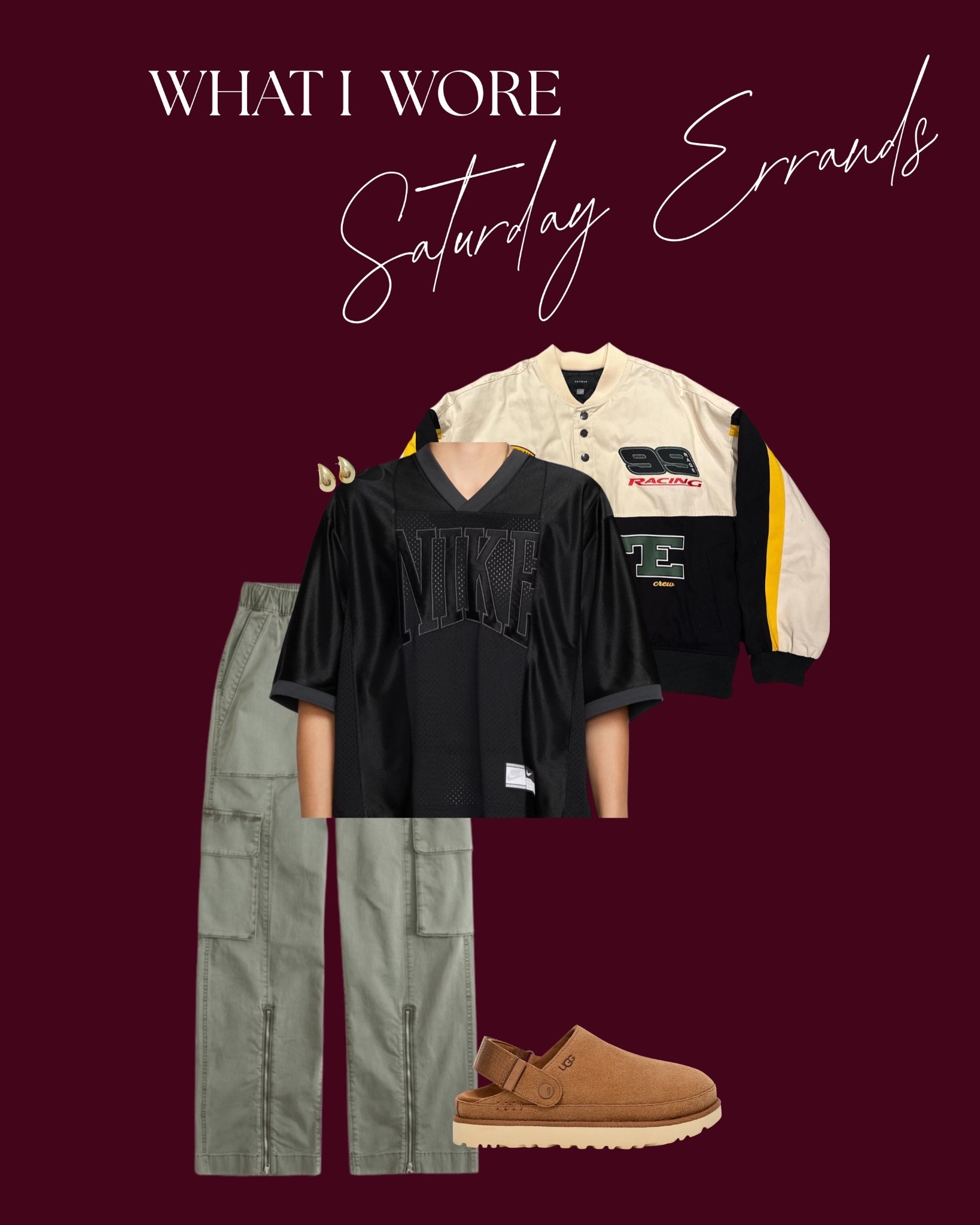 Jacket: Pacsun 
Top: Nike
Pants: Abercrombie (old)
Shoes: Ugg
Earrings: Amazon

#LTKootd #LTKMidsize