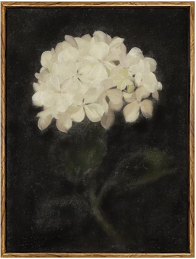 PicturePerfect Decor Vintage White Hydrangea Wall Art Botanical Floral Wall Painting Moody Black ... | Amazon (US)