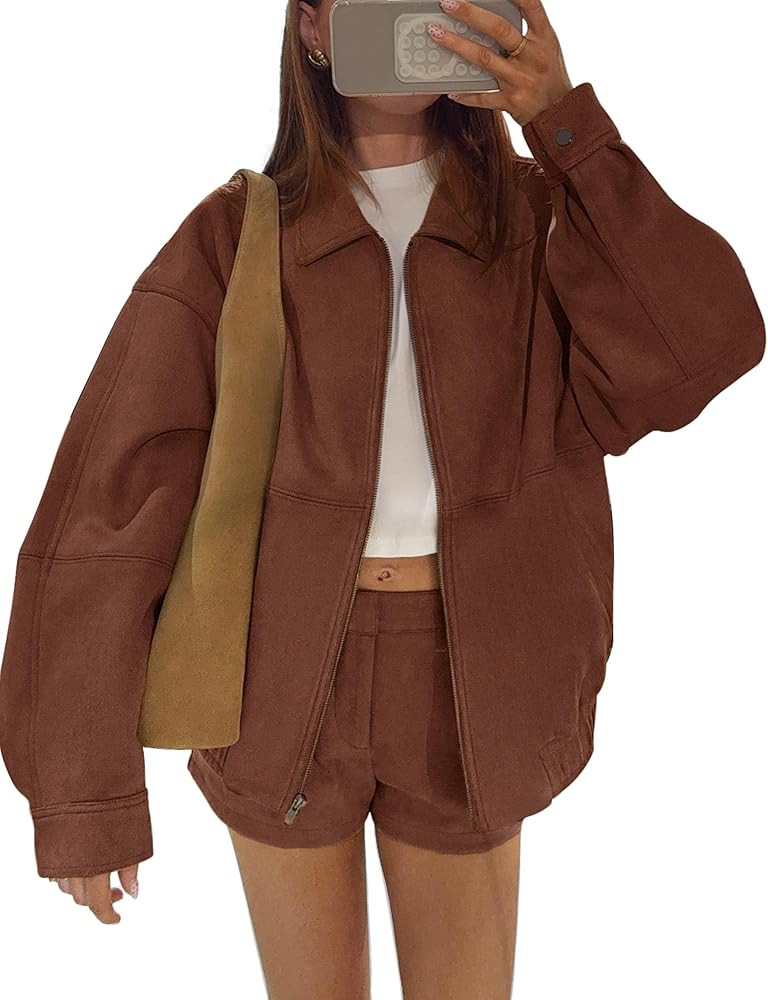 Fengbay Faux Suede Jackets for Women Bomber Motorcycle Biker Racer Y2k Oversized Outerwear Jacket... | Amazon (UK)