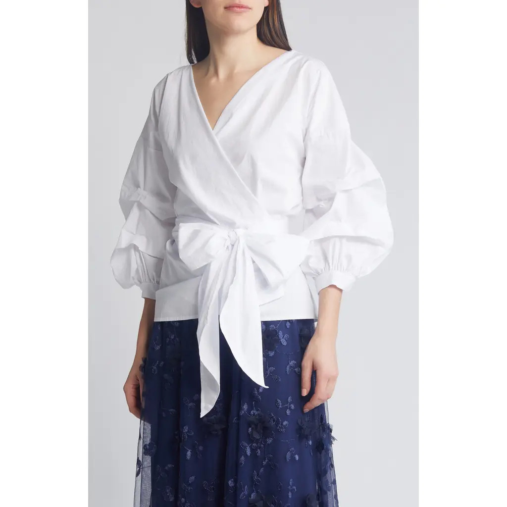 NIKKI LUND Anna Tie Waist Wrap Top in White at Nordstrom, Size X-Large | Nordstrom