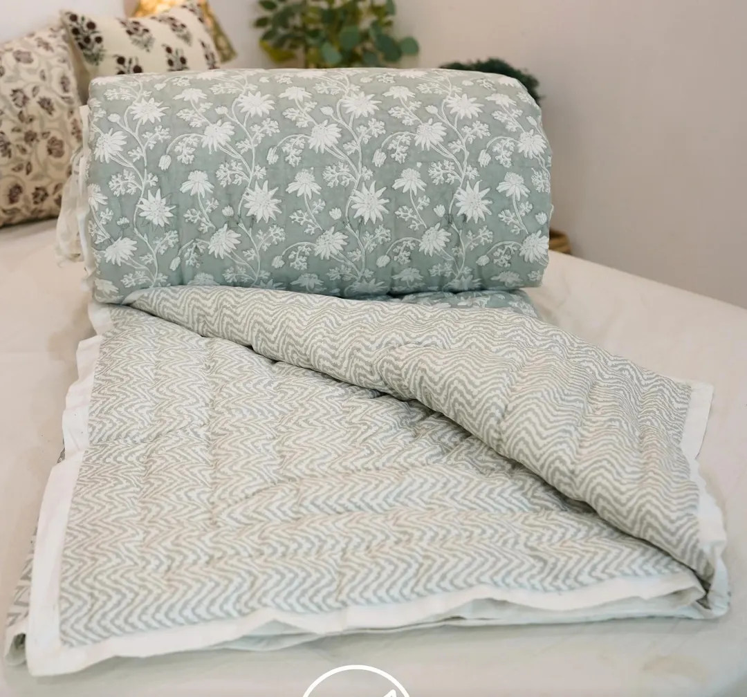 Block Print Cotton Quilt, Bedding and Couch Throw, Warm Handmade Quilt, Modern Hand Block Quilt, ... | Etsy (US)