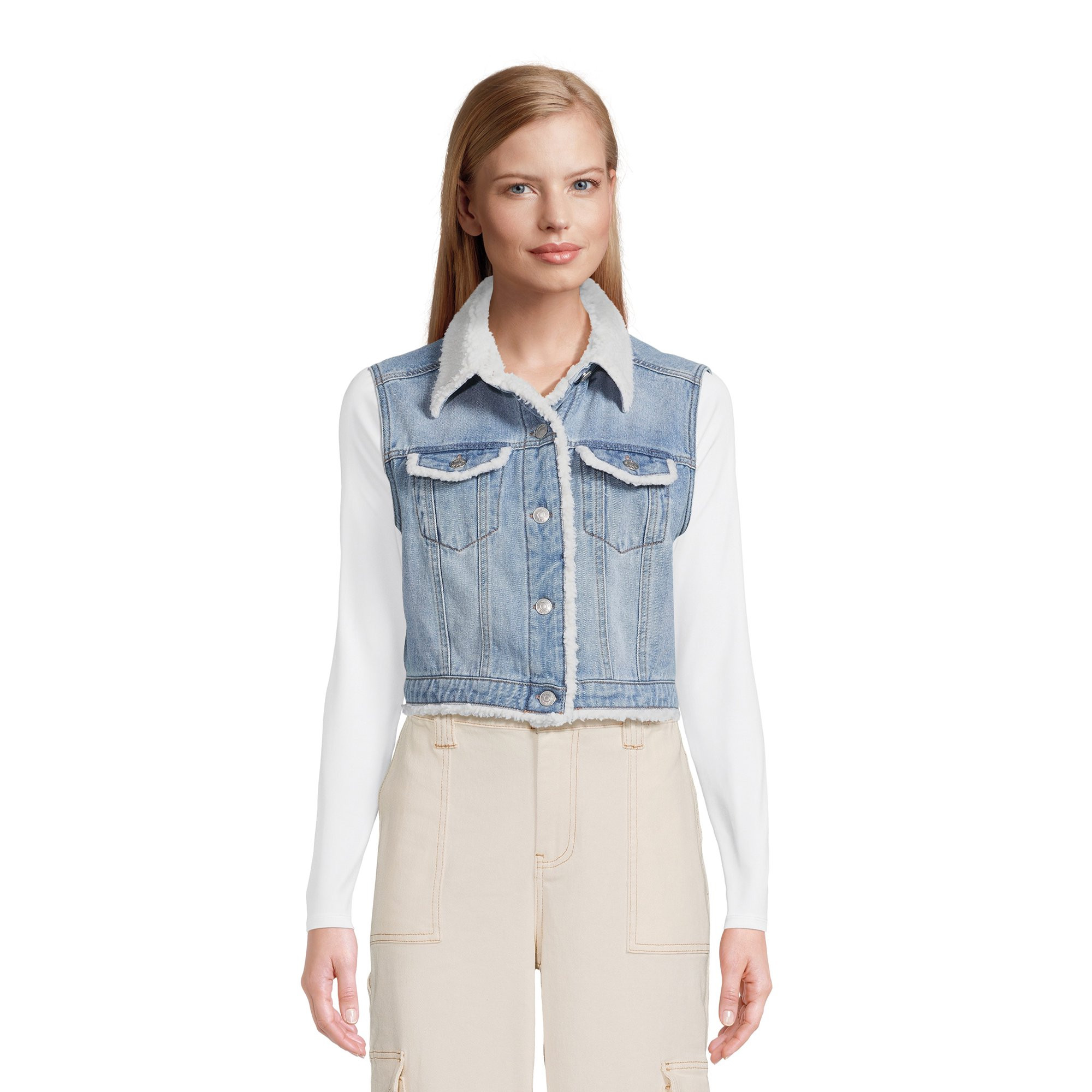 Madden NYC Juniors Denim Vest with Faux Sherpa Trim, Sizes XS-3XL | Walmart (US)
