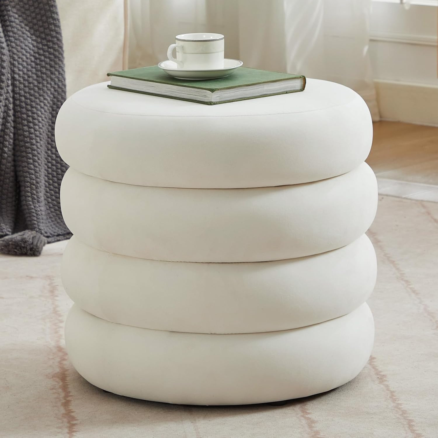 Round Velvet Storage Ottoman with Removable Lid, Small Tufted Vanity Stool for Dorm, Modern Compact Footrest for Bedroom Entryway Lounge, White | Amazon (US)