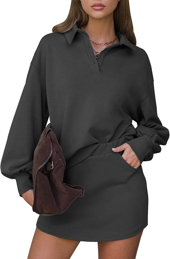 EXLURA Womens 2 Piece Sets Polo Sweatshirt Skort Set Airport Long Sleeve Matching Workout Sets Te... | Amazon (US)