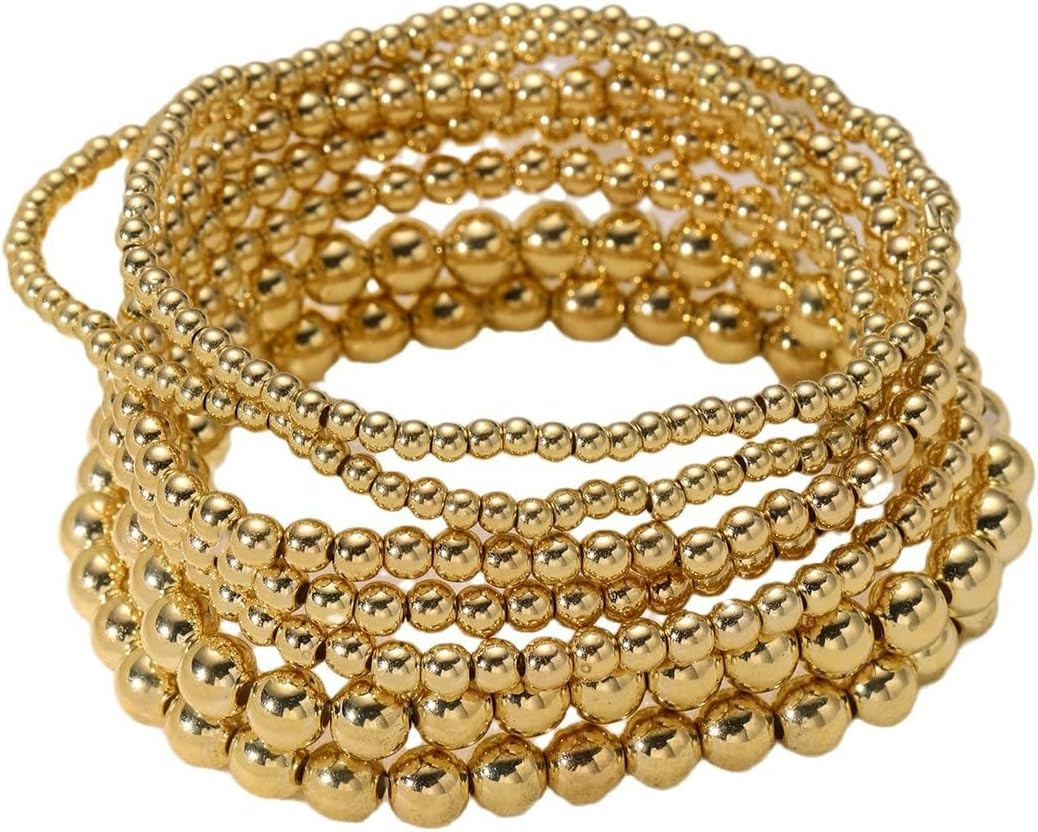 Gold Beaded Bracelets Adjusatable 14K Gold Plated Stackable Bracelets Stretch Bead Ball Bracelet Set for Women 3MM 4MM 6MM 8MM Beads Jewelry | Amazon (US)
