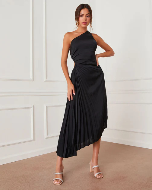 Coda Satin Side Pleated Cutout Midi Dress - Black | VICI