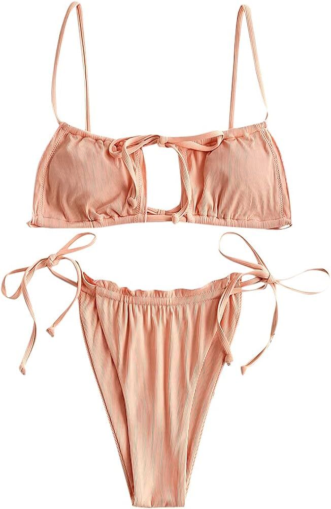 ZAFUL Women's Tie Cutout Keyhole Cami String Bikini Set Two Piece Swimsuit | Amazon (US)