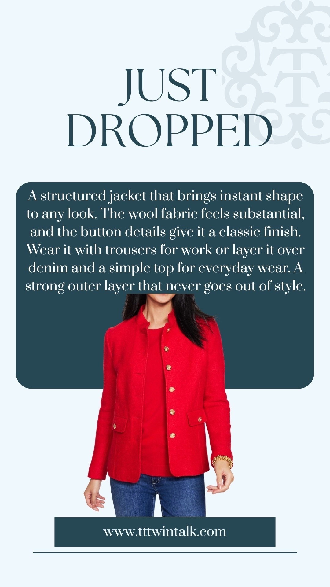 A structured jacket that brings instant shape to any look. The wool fabric feels substantial, and the button details give it a classic finish. Wear it with trousers for work or layer it over denim and a simple top for everyday wear. A strong outer layer that never goes out of style.

#LTKSeasonal #LTKOver40 #LTKHoliday